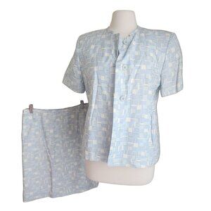 Harve Benard Linen Skirt Suit Women 10‎ White Blue Plaid Button Metallic